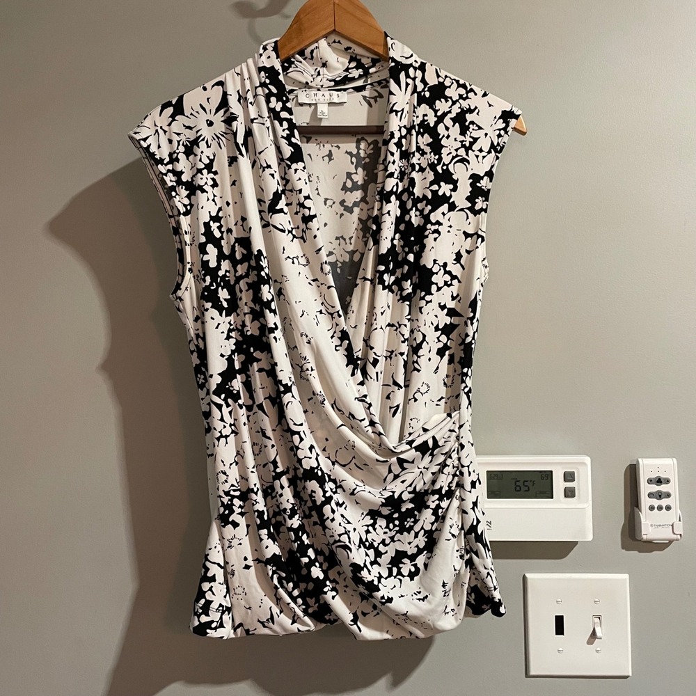 Chaus Floral Print Sleeveless Blouse Drape Neck Top Black White L Classic